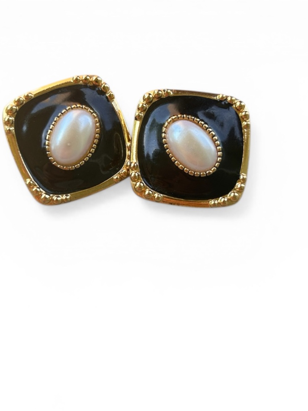 Vintage Gold-Trim Black Enamel Pearl Accent Stud Earrings